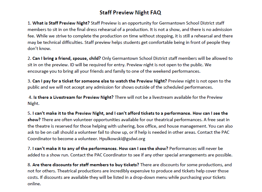 Staff Preview Night FAQ
